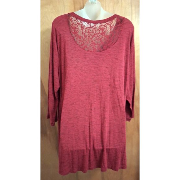 FADED GLORY Top Size 3X 22W-24W Berry Red Lace geometric print Tunic Rayon - Picture 4 of 5